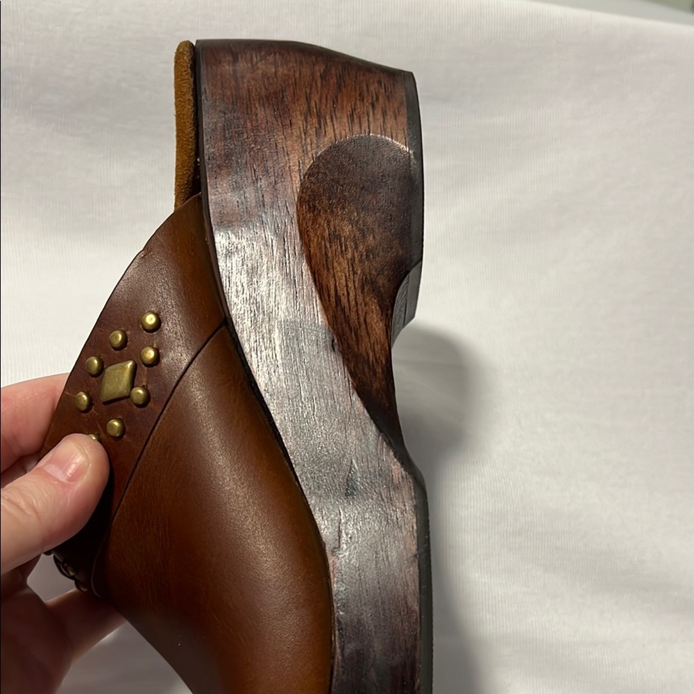 Nicole Sheila Brown Leather Wooden Clog Women's Size 8 Studded Boho Chunky Heel - Picture 13 of 15